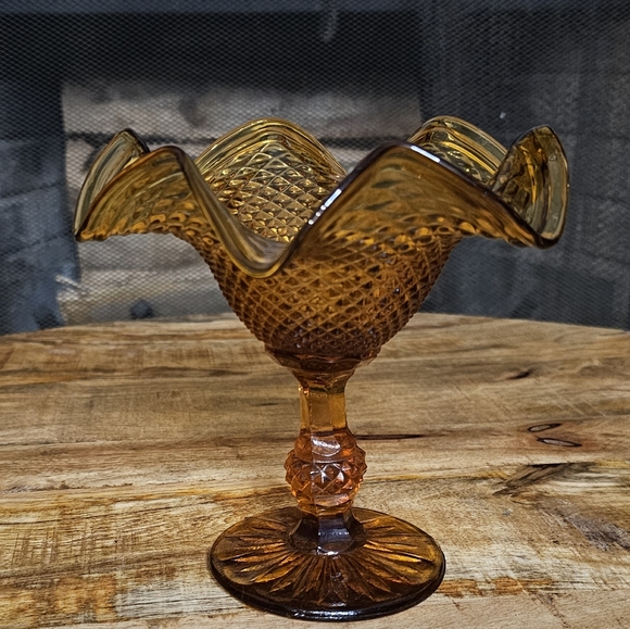 Indiana Glass Fluted Compote Diamond Point Candy Dish Amber Pedestal Ball Stem - Picture 4 of 11